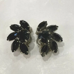 Vintage Black & Silver Clip On Earrings Mid Century Faceted Opaque Rhinestones - Picture 1 of 5