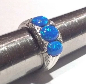 Blue Green Fire Opal three stone Ring Sterling Silver Victorian style - L / 6 - Picture 1 of 5