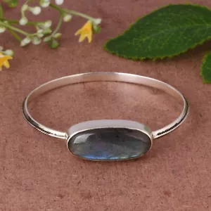 925 Sterling Silver Natural Labradorite Gemstone Sleek Women's Bangle Jewelry - Picture 1 of 8