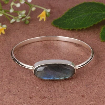 925 Sterling Silver Natural Labradorite Gemstone Sleek Women's Bangle Jewelry - Image 1 of 4