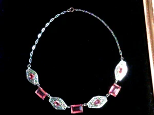 Antique Pink Crystal Filigree Panel Link Sterling Silver Pendant Necklace 16" - Picture 1 of 7