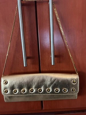 CHI BY CARLOS FALCHI METALLIC GOLD LEATHER GROMMET SHOULDER BAG/CLUTCH NEW - Image 1 of 4