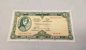 Vintage 1972 Irish One Pound Banknote Old Ireland £1 Paper Money Note - Picture 1 of 4