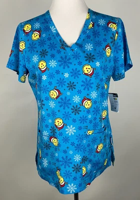*NWT* KOI 'Smiley World Adoring 3-Pocket Scrub Top in Feeling Jolly' - S, Blue - Image 1 of 4