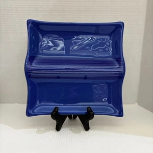 Piatto piatto porta bigiotteria in vetro fuso blu cobalto firmato dall'artista - Foto 1 di 9