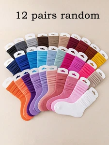 12 Pairs/Set Children'S Casual Solid Color Socks, Girls' Candy-Colored Cute Pink - Picture 1 of 12