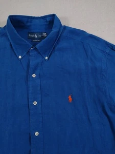 Vintage Ralph Lauren Linen Silk Classic Shirt Men's XL Blue Short Sleeve Pony - Picture 1 of 14