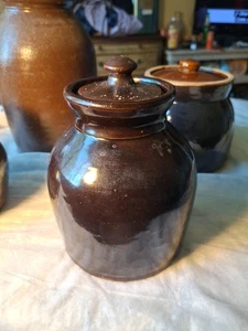 1800's Crock Jug Pot Albany Slip Glaze Pottery Hand Throne With Lid Cover Early  - Picture 1 of 24