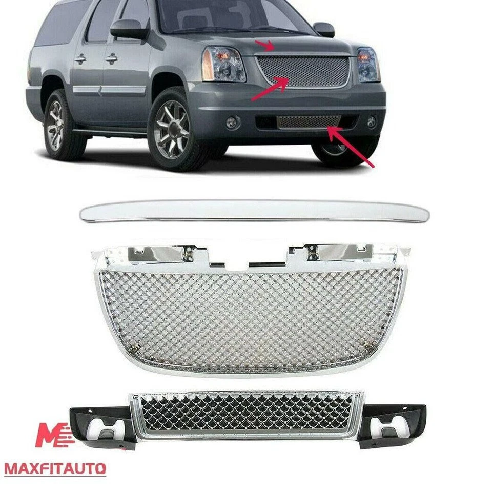 Fits GMC Yukon XL Denali 1500 2500 2007-2014 Front Bumper Grille Mesh Chrome Set Foto 1 de 4
