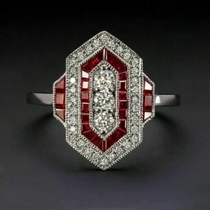 Anillo de boda de oro blanco de 14 quilates con diamantes y rubíes creados en laboratorio estilo Art Deco de 2,59 quilates FN - Imagen 1 de 12