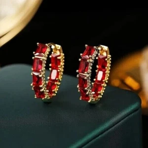 2.2Ct Emerald Cut Lab-Created Ruby Women Hoop Earring 14k Yellow Gold Plated - Picture 1 of 4