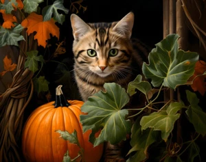 Katze und Kürbis Kunstwerk Bild Leinwandbild Wohndeko Wandbild Druck Gemälde - Bild 1 von 6
