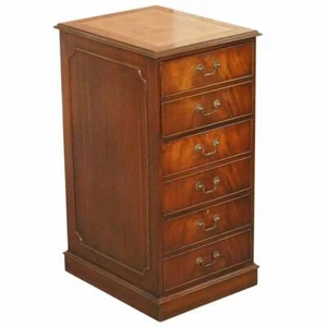 LOVELY FLAMED MAHOGANY LARGE THREE DRAWER FILING CABINET WITH BROWN LEATHER TOP - Picture 1 of 12