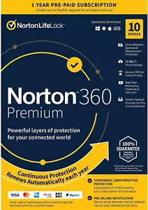 Norton 360 Premium 10 Devices 2024 VPN Antivirus Cloud Software 1 year Key card - Picture 1 of 5