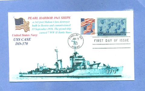 USS CASE DD-370 Pearl Harbor 1941 Ship Blue Photo Cachet, Naval, First Day PM Cover