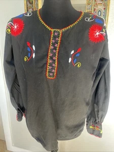 Vintage handbesticktes mexikanisches oxacanisches Baumwolltop schwarz Gr. SM L/S Druckknopfverschluss gebraucht, in einwandfreiem Zustand - Bild 1 von 13