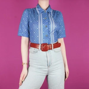 vintage 1970s retro womens blue tea pretty 1980s mod blouse shirt top medum 12 - Picture 1 of 11