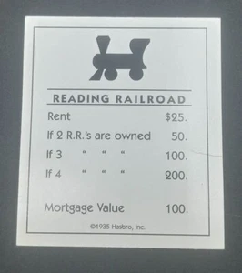 Monopoly Reading Railroad Title Deed Card Replacement Game Piece / Part HASBRO - Picture 1 of 2
