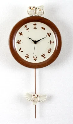 Japanese Pair Lucky Owl Fukuro Pendulum Wall Clock Pottery SETO ware Gift - Image 1 of 4