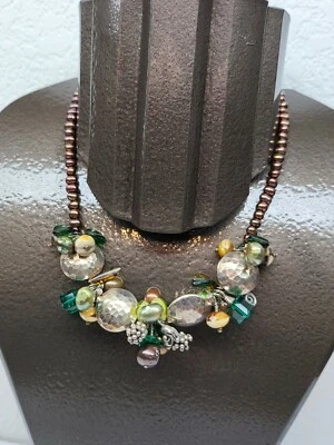 COLLAR ARTESANAL PIEDRA SEMIPRECIOSA COLOR PERLA CRISTAL RACIMO ESTERLINA 15" Foto 1 de 4