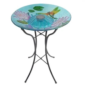 Outdoor Glass Bowl Bird Bath with Black Metal Stand and Solar Powered Light - Picture 1 of 3