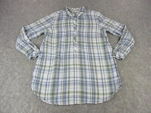 J Jill Top Shirt Womens Medium Blue Green Love Linen Popover Roll Tab Pockets - Picture 1 of 7