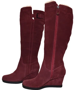 Isaac Mizrahi Karen Burgundy Suede Faux Sherpa Wedge Heel Tall Boots Sz 8M NWOB - Picture 1 of 10
