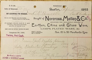 1893 BILLHEAD~NORCROSS, MELLEN CO. MERCHANTS ROW, BOSTON. EARTHEN, CHINA WARE - Picture 1 of 1