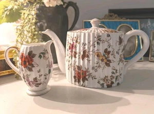 Vintage Noritake Autumn Glory Teapot & Creamer Japan Ribbed Floral Gold Trim - Picture 1 of 14