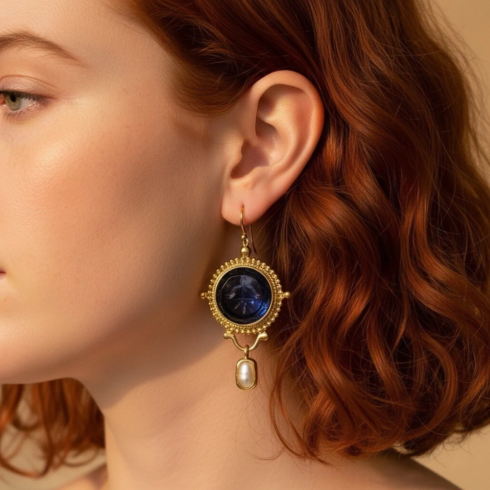 Pendientes Museo Eduardianos Intaglio Aqua Azul Perla Oro Camafeo Flor Geométrica Foto 1 de 4