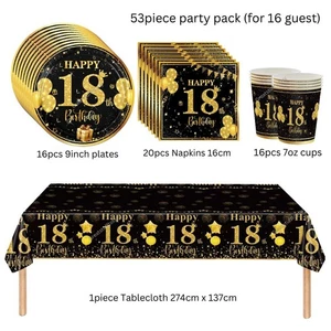 18 Cumpleaños Negro Dorado Fiesta Platos Tazas Servilletas Mantel Cubiertos Vajilla - Imagen 1 de 7