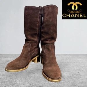 CHANEL suede Heel Boots Shoes Women Size 37 2/1 COCO MARK Brown - Picture 1 of 9