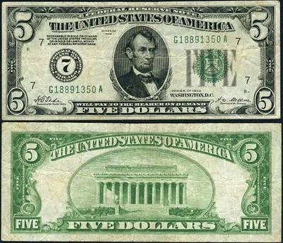 FR. 1950 G $5 1928 Federal Reserve Note Chicago G-A Block VF+ - Image 1 of 3