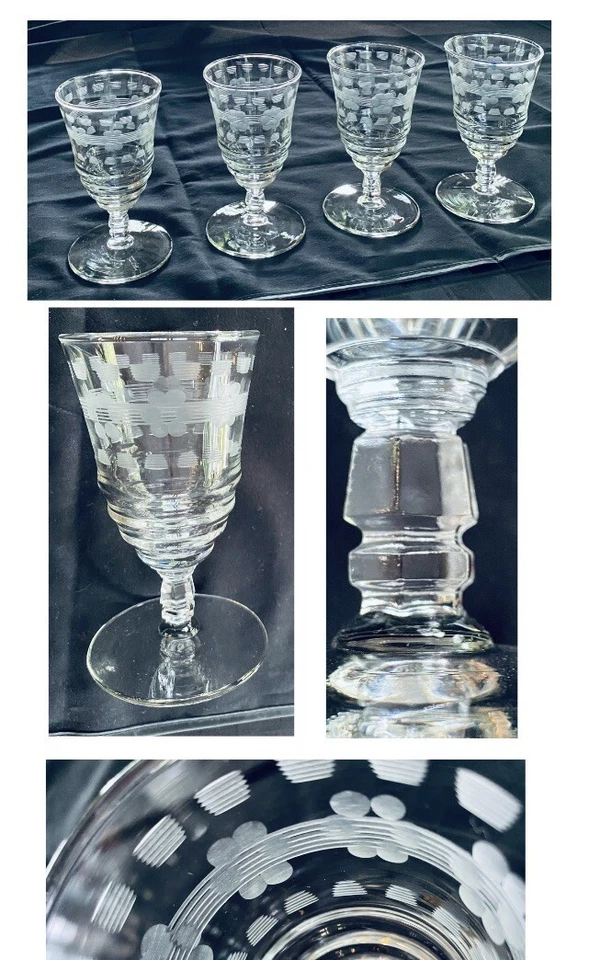 老式 Rock Sharpe 葡萄酒玻璃 Cordials 4 盎司。 蚀刻切割透明 4 件套 — 第 1/1 张图片