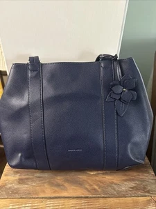 Draper James Elle Reversible Navy Blue Faux Leather Tote Bag Floral lining - Picture 1 of 6