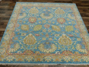 8'x8' New Fine Square Turkish Knot Oushak Hand knotted wool trendy Blue area rug - Picture 1 of 10