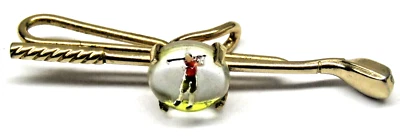 Vintage Swank Tie Bar Clip Reverse Painted Intaglio Golfer on Golf Club - Image 1 of 3