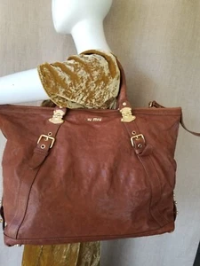 MIU MIU Cognac British Brown Distressed Leather Tote Bag Luggage Womens Handbag - Picture 1 of 24