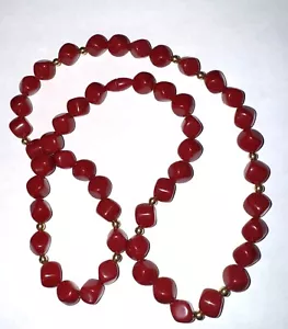 Vintage Red & Gold Facet Bead Necklace 29" with Unique Hidden Barrel Clasp 1980s - Picture 1 of 4