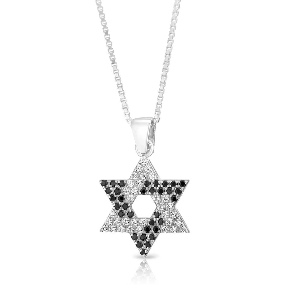 Stella di David in argento sterling con pietre di zirconi bianchi neri Magen ... - Immagine 1 di 4