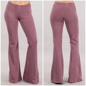 Dusty Rose Mineral Wash Flared Bell Bottom Stretch Pull On Pants Womens - Picture 1 of 6