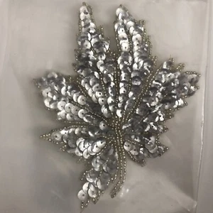 Silver Leaf Maple Sequin Beaded Applique Patch 5" Vintage New Gorgeous - Picture 1 of 5
