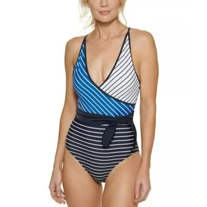 Tommy Hilfiger Size 12 Blue Sail Away Stripe Surplice 1-Piece Swimsuit NWT - Picture 1 of 5
