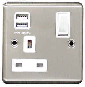 Schaltsteckdose 1 Gang SP 13A & 2 x 3,1A USB Ladegerät Edelstahl gebürstet - Bild 1 von 1