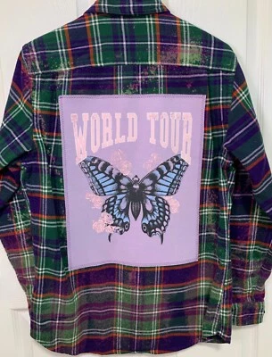 Custom Upcycled Flannel Shirt w/ World Tour music butterfly tee Mens S - Image 1 of 4