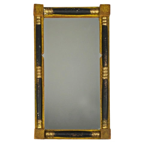Antique Primitive Federal Period Black & Gold Wood Column Framed Mirror Cover