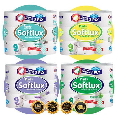 90 / 45  Softlux 3Ply Toilet Rolls Tissue Quilted AlOE VERA/LAVENDER/COCONUT - Image 1 of 4