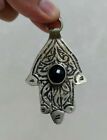 Very Rare Silver Color Carved Hamsa Jewish Amulet Black Stone Protection Talisma