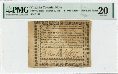 1781 March 1, $1,000 Virginia Colonial Note FR#VA-209a PMG VF20 6 Known - Image 1 of 2