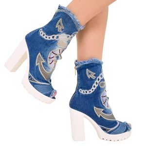 Denim Boots Shoes, Handmade Women's Sports Boots,Women's Sexy Boots,Birthday Gif - Picture 1 of 6